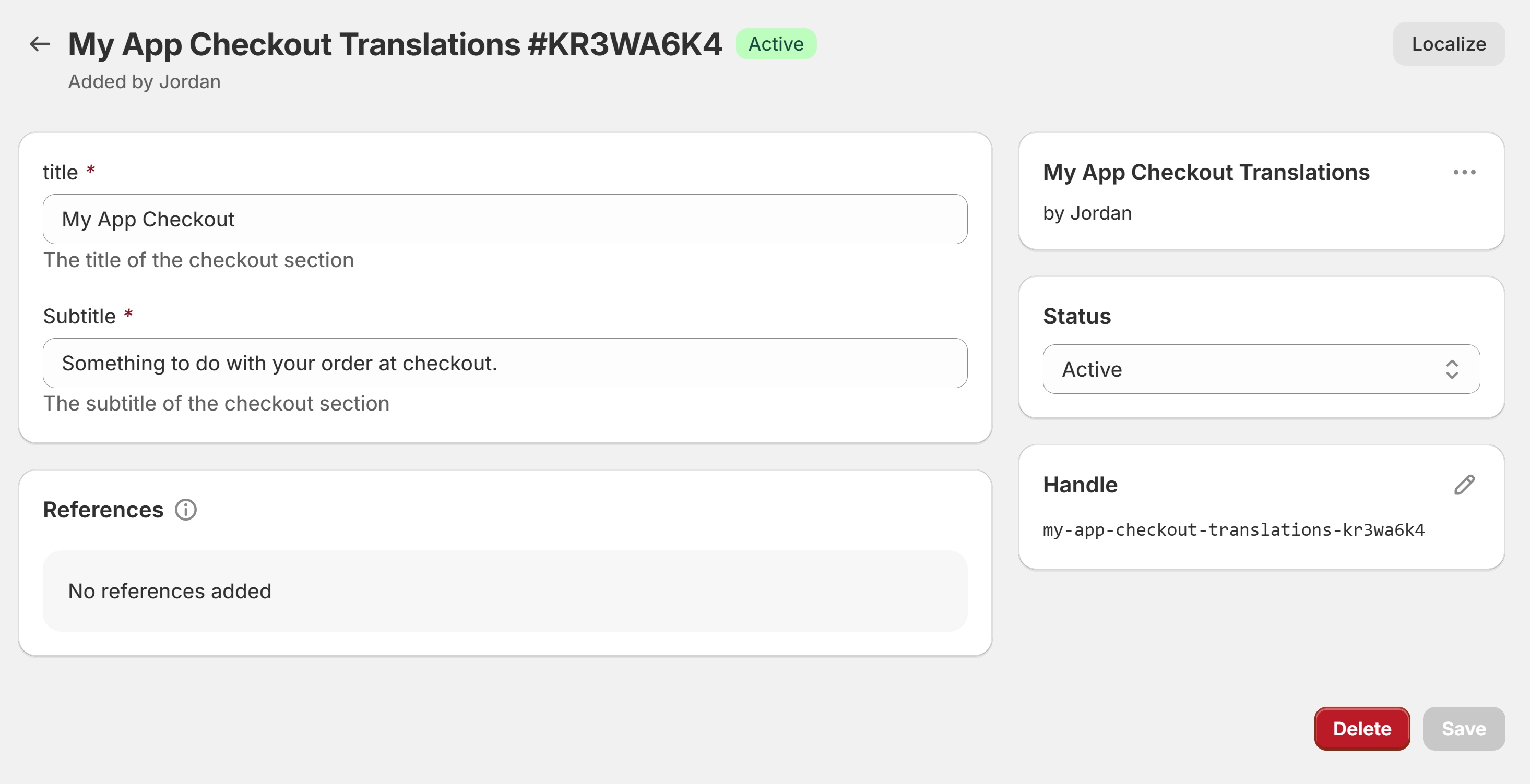 View of our Metaobject in Shopify Admin, from the merchants perspective